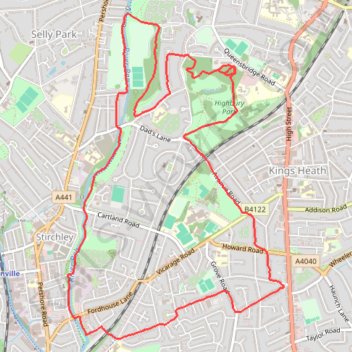 Loop trail through Highbury Park and along the River Rea trail, distance, elevation, map, profile, GPS track