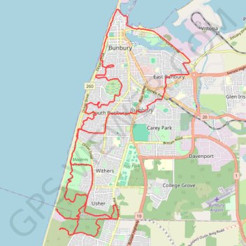 Bunbury MTB ride trail, distance, elevation, map, profile, GPS track