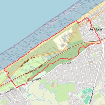 Kronkelend bospad in De Haan – Strandpromenade De Haan rondtocht vanuit Concessiewijk trail, distance, elevation, map, profile, GPS track