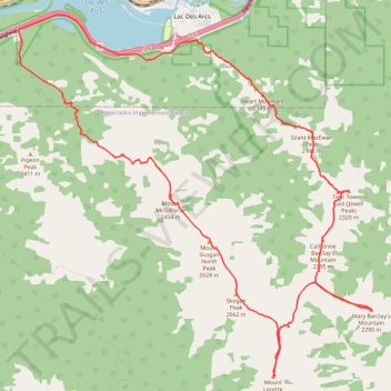 Heart Mountain, Grant McEwan Peak, Twin Towers, Catherine Barclay's Mountain, Mary Barclay's Mountain, Mount Lorette, Skogan Peak, Mount Skogan North Peak and Mount McGillivray Traverse trail, distance, elevation, map, profile, GPS track