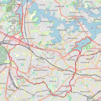 Sydney Loop Ride via Homebush Bay, Powells Creek, Hudson Park, Cooks River Cycleway, Cooks to Cove Greenway, Hawthorne Canal and Iron Cove trail, distance, elevation, map, profile, GPS track