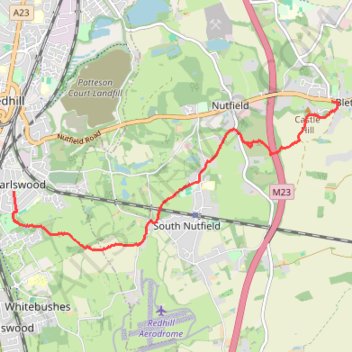 Walk Earlswood to Bletchingley via Green Sand Way, South Nutfield, Steners Hill, Castlehill Farm trail, distance, elevation, map, profile, GPS track