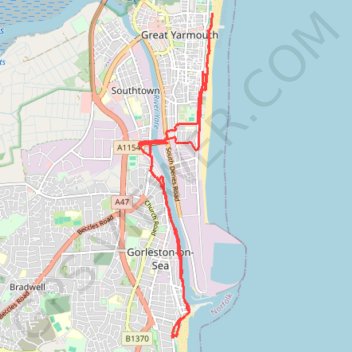 Gorleston and Great Yarmouth Walk trail, distance, elevation, map, profile, GPS track