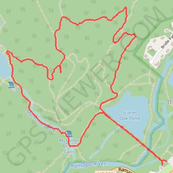 Vista Loop Trail via Scarlet Oak Pond, Hawk Rock, Cactus Ledge, Ridge Overlook, MacMillan Reservoir and MacMillan Brook Falls in Ramapo Valley County Reservation trail, distance, elevation, map, profile, GPS track
