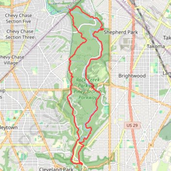Rock Creek Park Loop via Western Ridge Trail and Valley Trail trail, distance, elevation, map, profile, GPS track