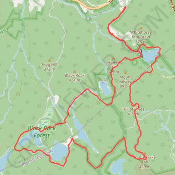 Black Rock Forest: Upper Reservoir, Aleck Meadow Reservoir, Sphagnum Pond, Tamarack Pond, Arthus Pond, Bog Meadow Pond, Rattlesnake Hill and Hill of Pines loop trail, distance, elevation, map, profile, GPS track