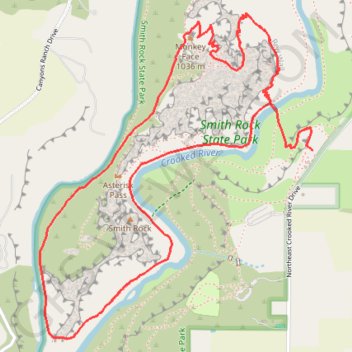 Monkey Face Loop via Misery Ridge Trail and River Trail in Smith Rock State Park trail, distance, elevation, map, profile, GPS track