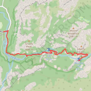 Nevada Fall via Mist Trail and Vernal Fall in Yosemite National Park trail, distance, elevation, map, profile, GPS track